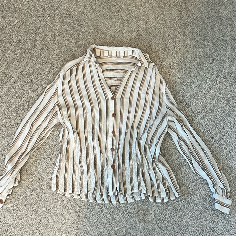 Jane and Delancey Striped Button Down Shirt - White and Brown